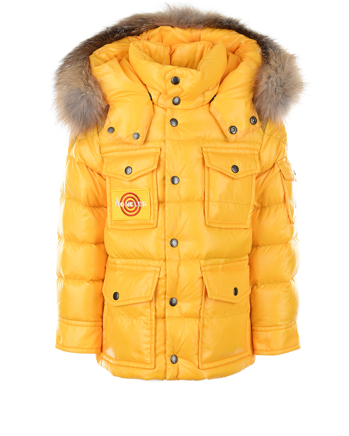 Где купить Желтая куртка-пуховик с меховой отделкой Moncler детская Moncler 