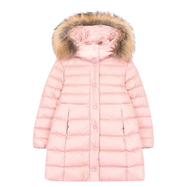 Где купить Пуховое пальто на молнии с капюшоном и меховой отделкой Moncler Enfant Moncler 
