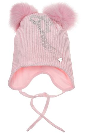 Розовая шапка со стразами и двумя меховыми помпонами Il Trenino детская