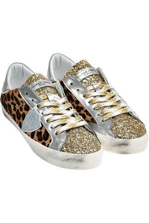 Леопардовые кеды с золотистой шнуровкой Philippe Model