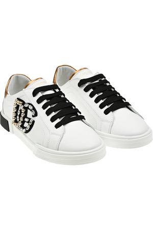 Кеды с эластичными шнурками и логотипом с камнями, белые Dolce&Gabbana