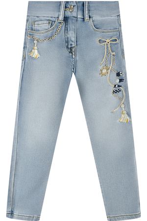 Голубые джинсы с нашивками и стразами Monnalisa