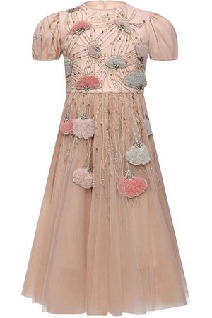 Платье с цветочной вышивкой рукава-фонарики, розовое Eirene