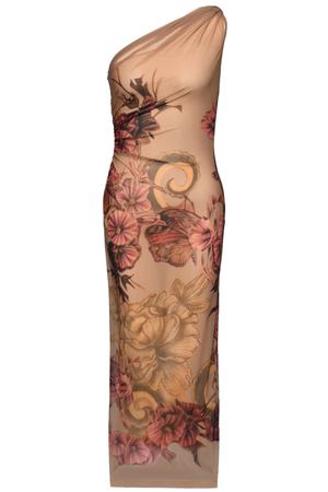 Платье на одно плечо, цветы в азиатском стиле Alberta Ferretti