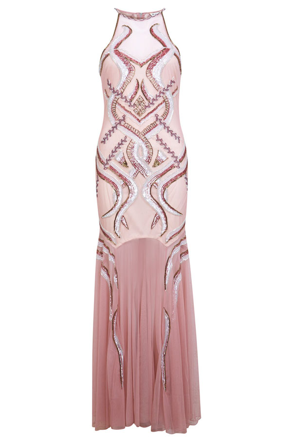 Расшитое бисером, стеклярусом и пайетками розовое платье марки Miss Selfridge