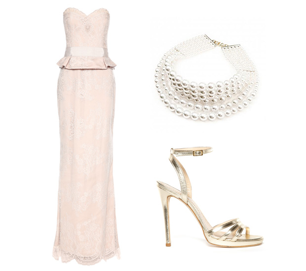 Платье Marchesa Notte, босоножки Blumarine, колье из жемчуга Fallon